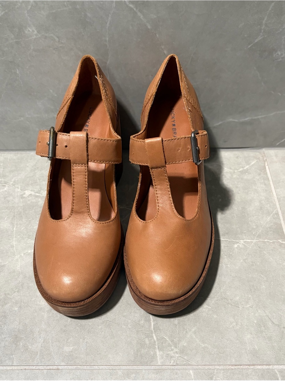 Lucky Brand Ominie Women's T-Strap Platform Mary Jane Pump Heels in Tan 7.5